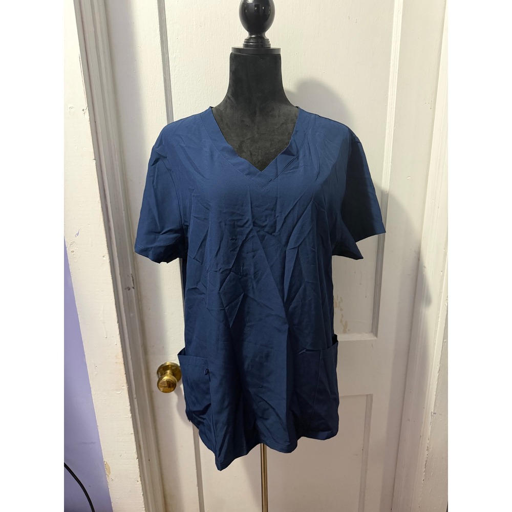 4 FLEX Navy Blue Short Sleeve V-Neck Scrub Top XL Polyester Spandex Stretch